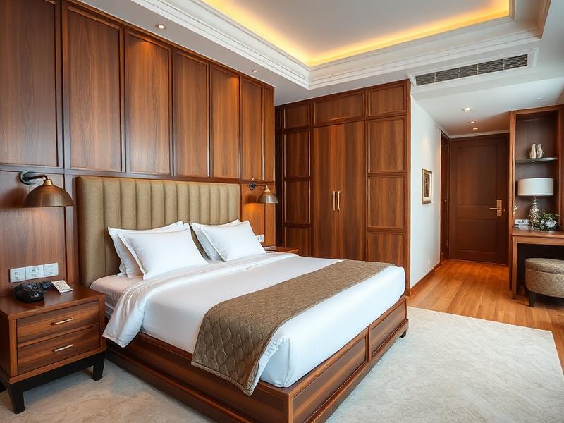 Luxury hotel room with elegant wooden furniture